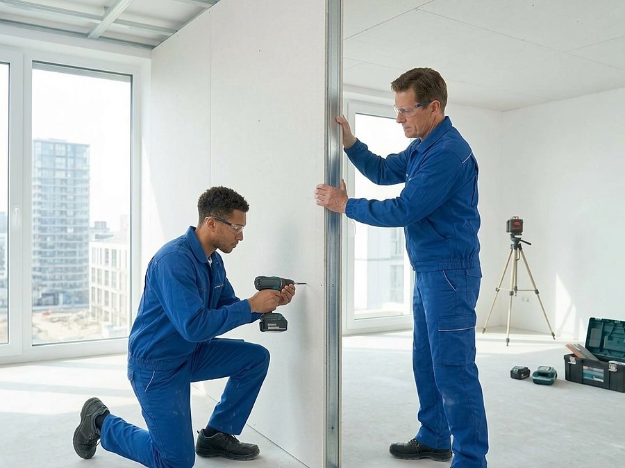 Profissionais instalando uma divisória em drywall